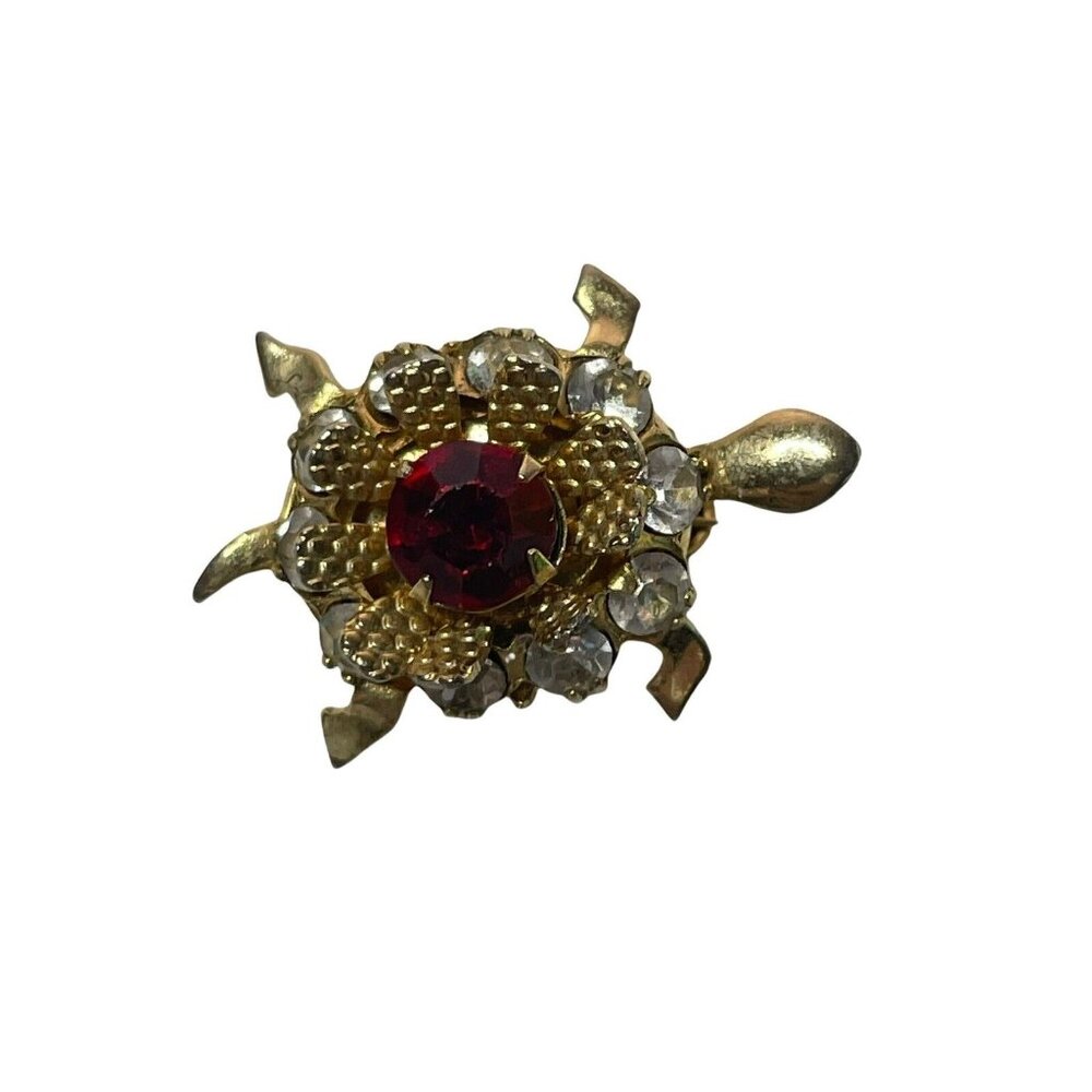 Vtg Gold Tone Turtle Brooch Pin Red Crystal Flower Clear Prong Set Estate